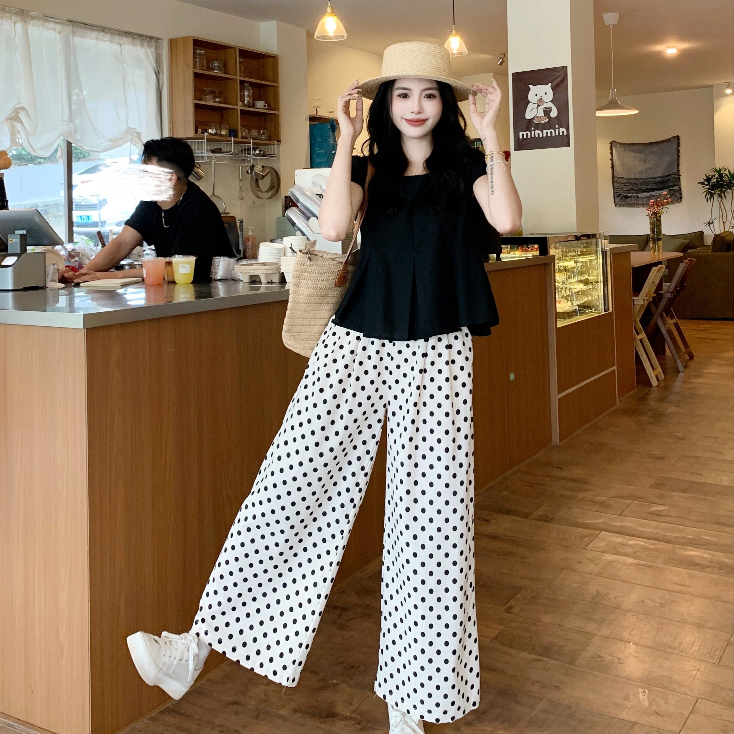 夏季辣妈外出哺乳套装气质方领衬衣+阔腿波点裤子产后喂奶两件套