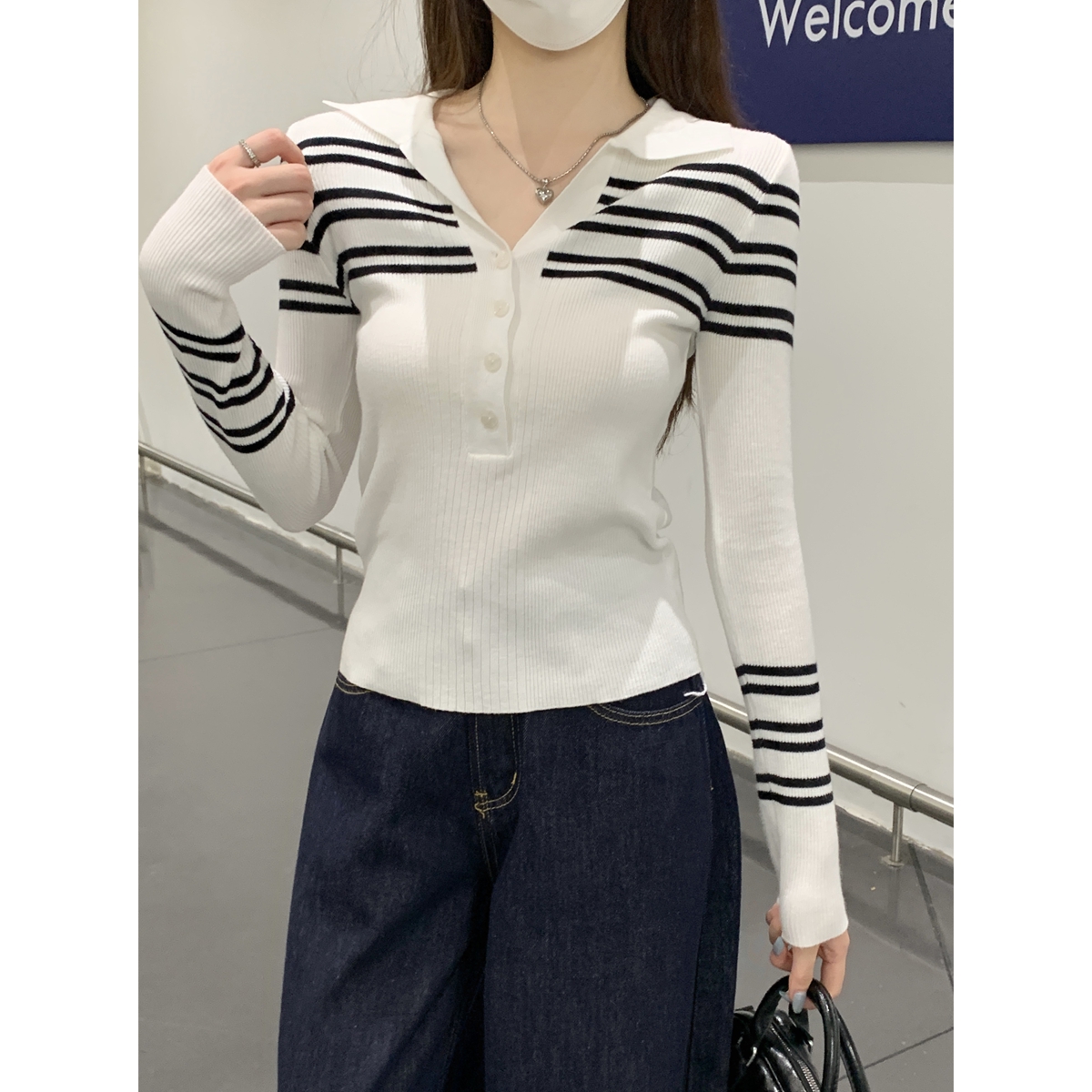 撞色polo领辣妈外出哺乳针织长袖