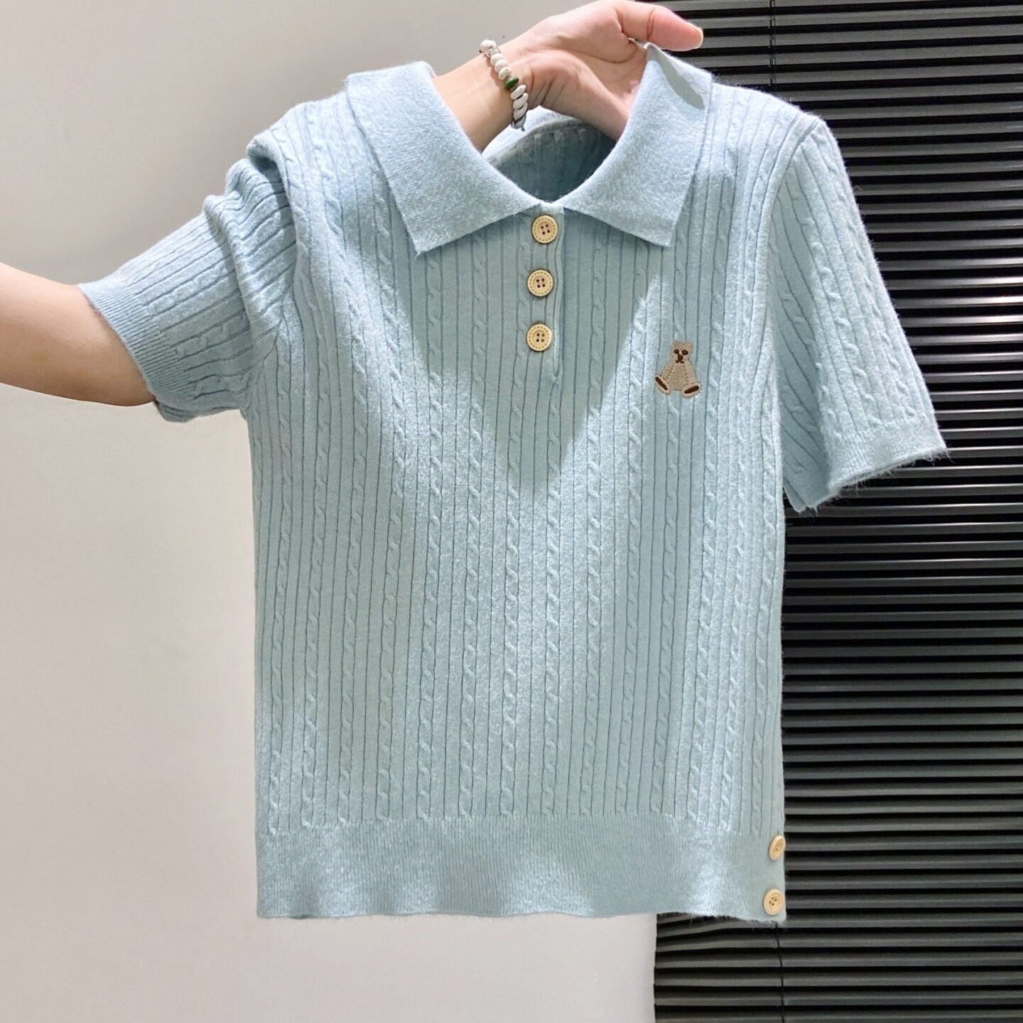 polo领麻花针织短袖辣妈款外出哺乳t恤夏季卡通刺绣产后喂奶上衣