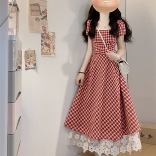 遮肚显瘦产后喂奶A字长短裙 辣妈外出哺乳连衣裙夏季 红格法式 大码