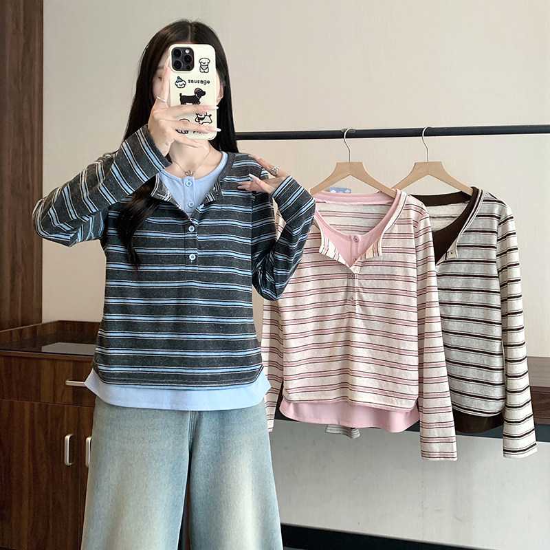秋装大码长袖显瘦哺乳条纹上衣