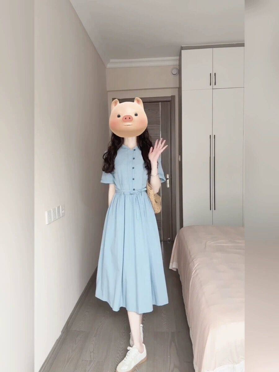 프렌치 블루 플리츠 핫 맘 스타일 아웃 앤 아웃 간호 셔츠 드레스 여름 허리 슬리밍 산후 간호 롱 스커트