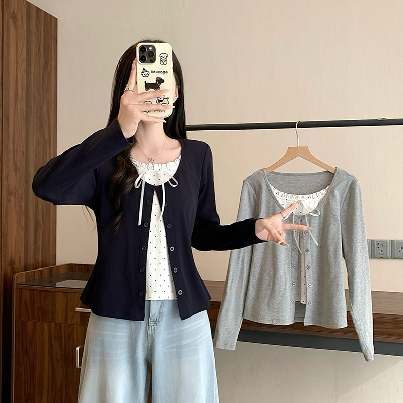 秋装韩系甜美辣妈款外出哺乳长袖拼接波点假两件显瘦产后喂奶上衣
