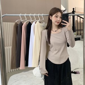 春秋大码不规则辣妈外出哺乳方领t恤时尚修身纯色产后喂奶上衣潮