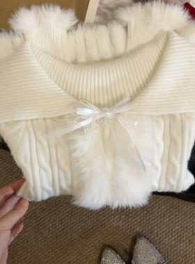 白色毛领连帽麻花长袖针织衫女秋冬季纯欲风气质修身显瘦毛衣上衣