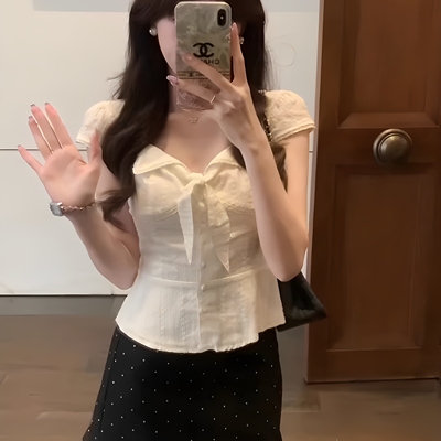 蝴蝶结绑带短袖衬衫女夏修身显瘦