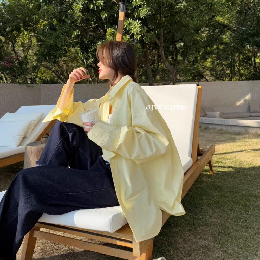 黄色衬衫女早春新款慵懒感穿搭小众衬衫韩版bf风宽松外穿长袖上衣
