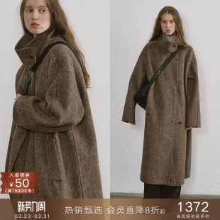 popchrio 毛呢外套 重磅立领驼绒羊毛混纺双面呢大衣宽松加厚长款