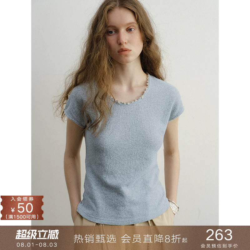 popchrio手工钻饰圆领收腰短袖