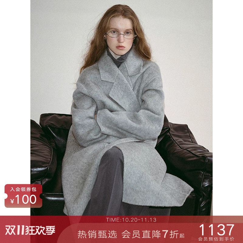 popchrio◆驼绒羊毛混纺廓型双面呢子大衣无羊绒外套中长款女冬季