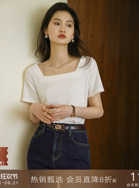 popchrio◆CHAO好穿のV领复古方领白色宽松短袖T恤半袖锁骨上衣女