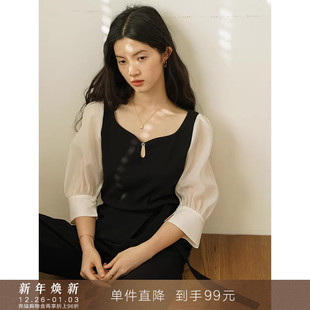 到手99元 别致短半袖 设计感法式 衬衫 上衣女夏 沙漏领撞色泡泡袖