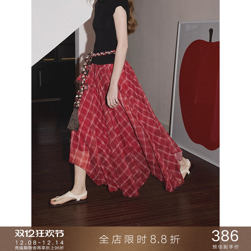 popchrio不规则格纹雪纺半身裙