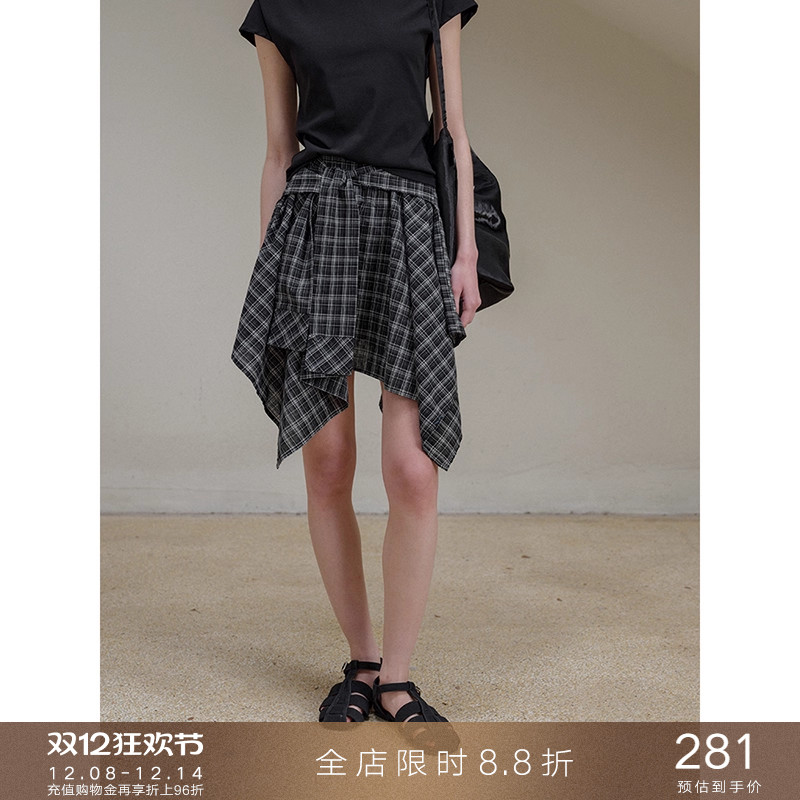 popchrio不规则拼接格子半身裙