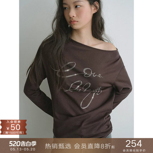 popchrio烫钻一字领斜肩长袖T恤