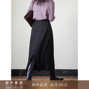 a字过膝伞裙子女 黑色复古百搭高腰百褶半身裙中长款 到手99元