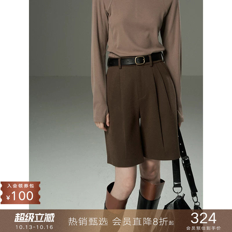 popchrio◆复古加厚百慕大短裤H版黑色宽松休闲中裤子外穿女冬季