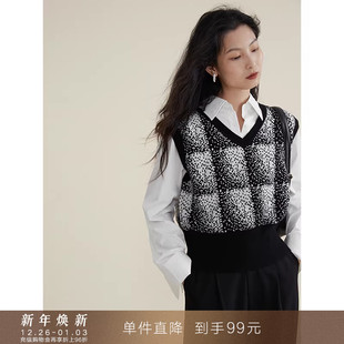 复古风v领宽肩针织羊毛马甲外搭毛衣叠穿背心马夹女 到手99元