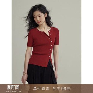针织衫 设计感斜襟短袖 红色法式 T恤显瘦不规则上衣女 到手99元