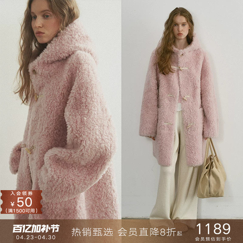 popchrio◆100%绵羊毛加厚毛绒连帽大衣牛角扣粉色小个子毛毛外套