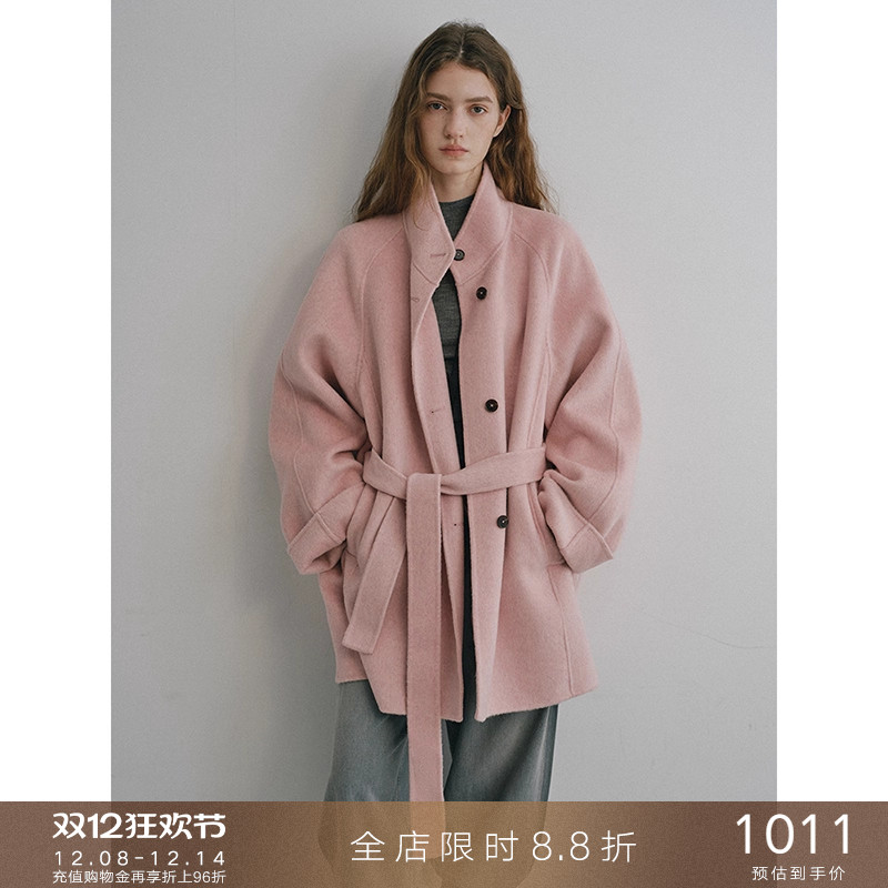 popchrio羊绒羊毛系带毛呢大衣