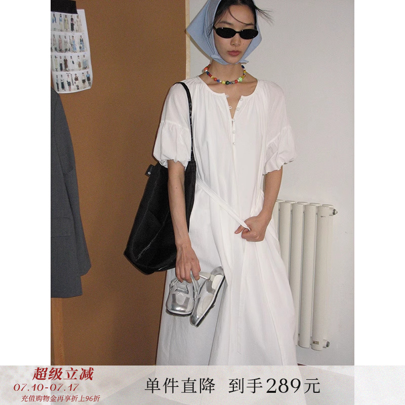 法式棉麻感花苞泡泡短袖连衣裙