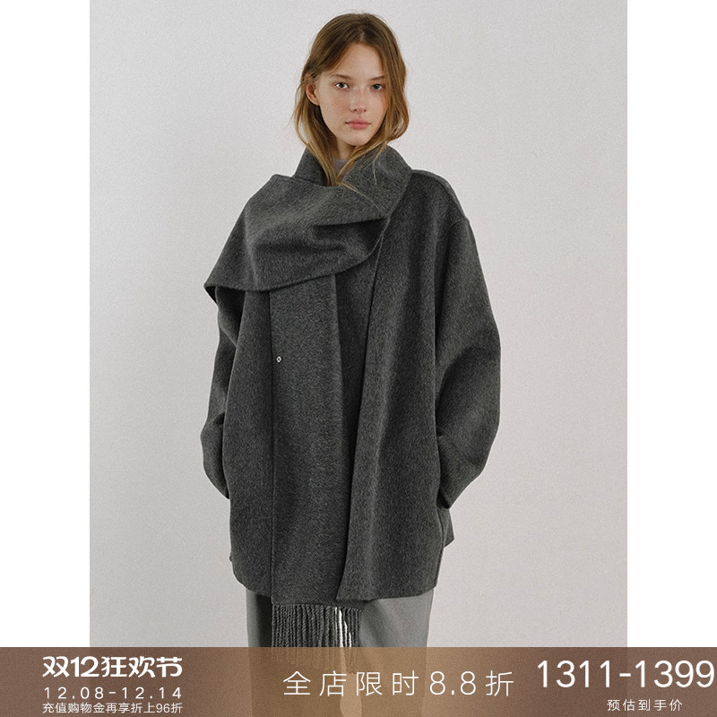 popchrio连领流苏围巾毛呢大衣