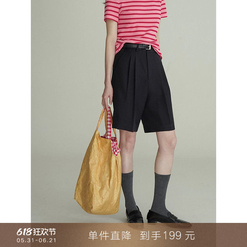 【到手199元】简约中高腰五分西装短裤黑色阔腿直筒裤子通勤女夏