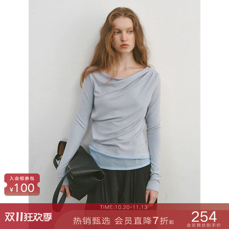 popchrio◆设计感褶皱荡领长袖收腰T恤不规则修身针织打底衫上衣