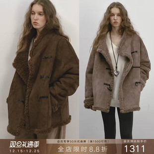 popchrio 100%羊毛双面两穿皮毛一体毛绒大衣牛角扣羊羔毛短外套