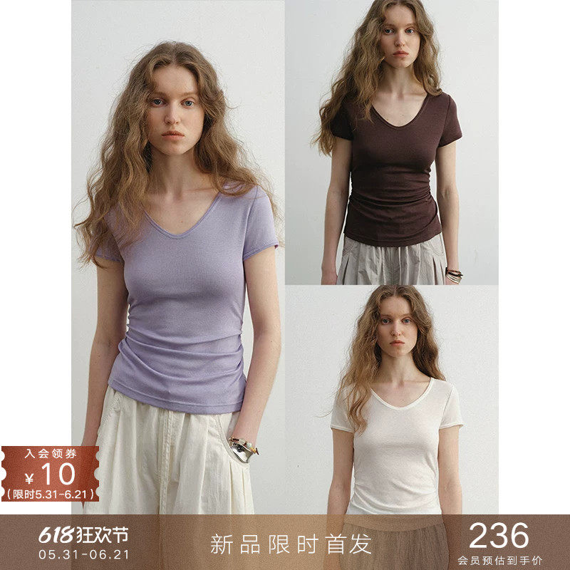 05/31新品 莱赛尔羊毛纯色针织正肩T恤UV领修身短袖打底衫上衣女