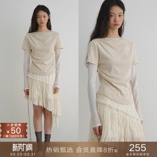 popchrio T恤宽松褶皱假两件上衣女 亚麻混纺网纱拼接一字领长袖