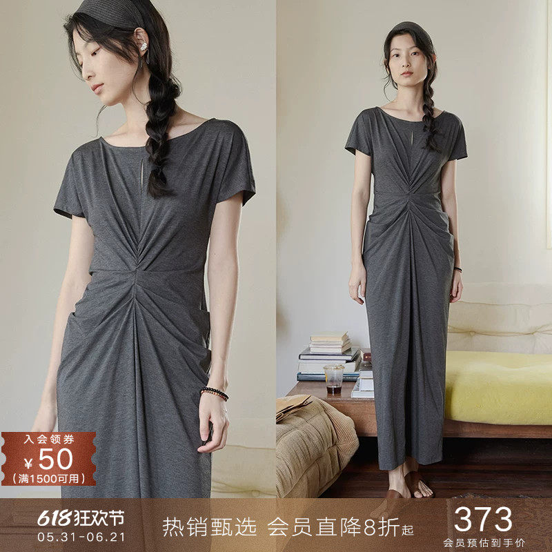 popchrio◆Chao显瘦遮肚子小飞短袖针织连衣裙气质修身长款裙子女