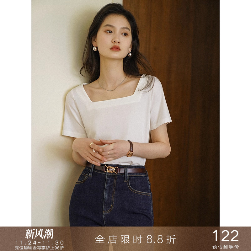 popchrio复古方领短袖锁骨上衣