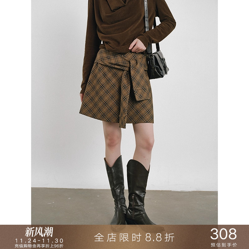 popchrio◆复古毛呢假两件绑带格纹半身裙小个子高腰a字格子短裙