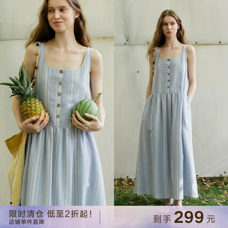 popchrio方领条纹无袖连衣裙图片