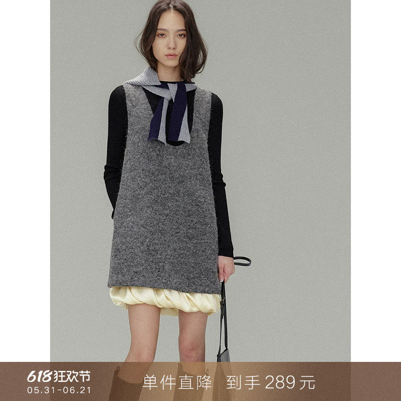 【到手289元】小香风u领设计感毛呢无袖背心裙叠穿连衣裙短裙女秋