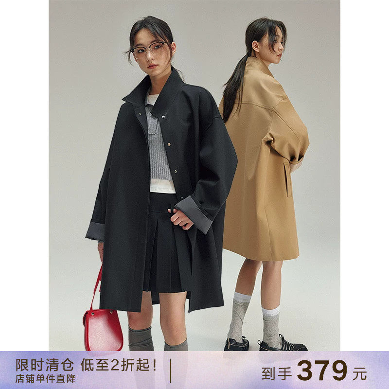 popchrio立挺廓形立领长绒棉风衣图片