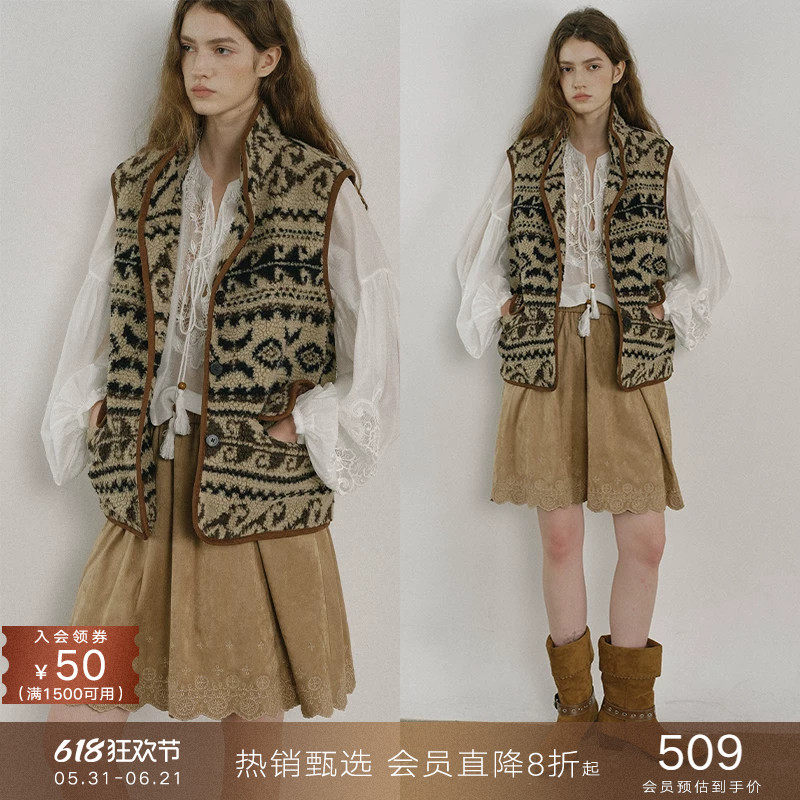 popchrio◆复古费尔岛立领仿羊羔毛绒夹棉马甲加厚保暖马夹女秋冬