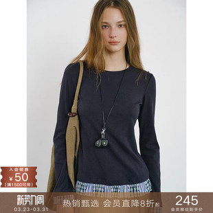 显瘦圆领上衣 T恤假两件修身 popchrio miu风复古格纹花边拼接长袖