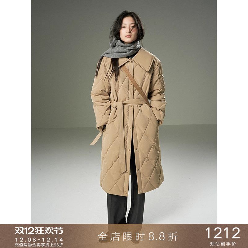 popchrio菱形格大翻领长款羽绒服