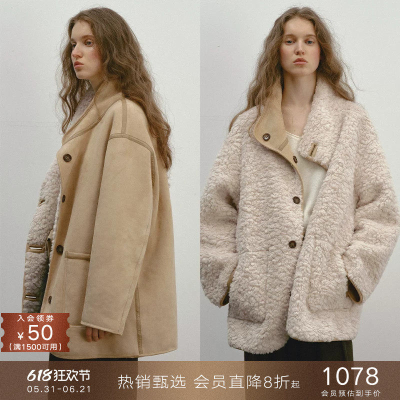 popchrio◆双面两穿含羊毛立领短外套宽松羊羔毛绒感大衣小个子女