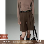 popchrio 子外穿女 黑色休闲中裤 复古羊毛混纺加厚百慕大短裤 H版