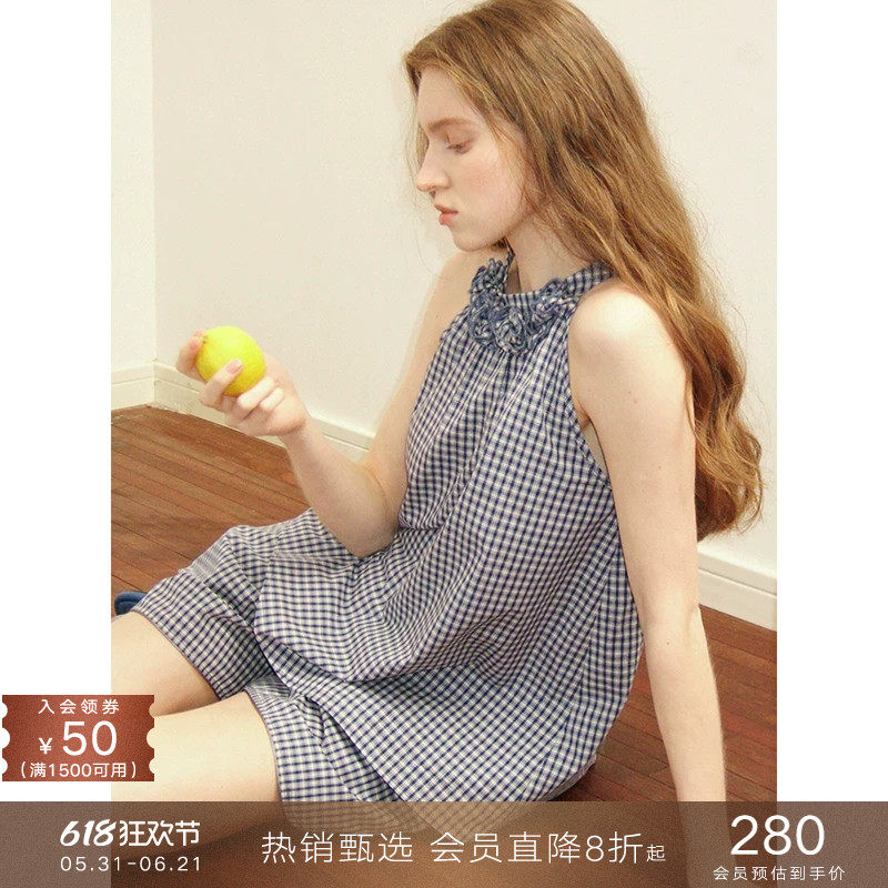 popchrio◆立体小花不规则格子挂脖小背心宽松高腰休闲短裤女夏季