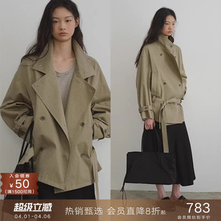 popchrio 外套女 复古洗褪纯棉立翻领低腰系带风衣小个子宽松短款