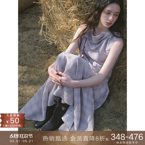 莫代尔无袖飘领格子衬衫裙套装