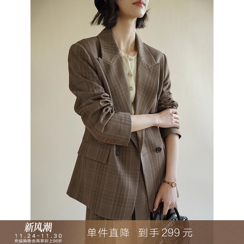 popchrio复古戗驳领格子西服
