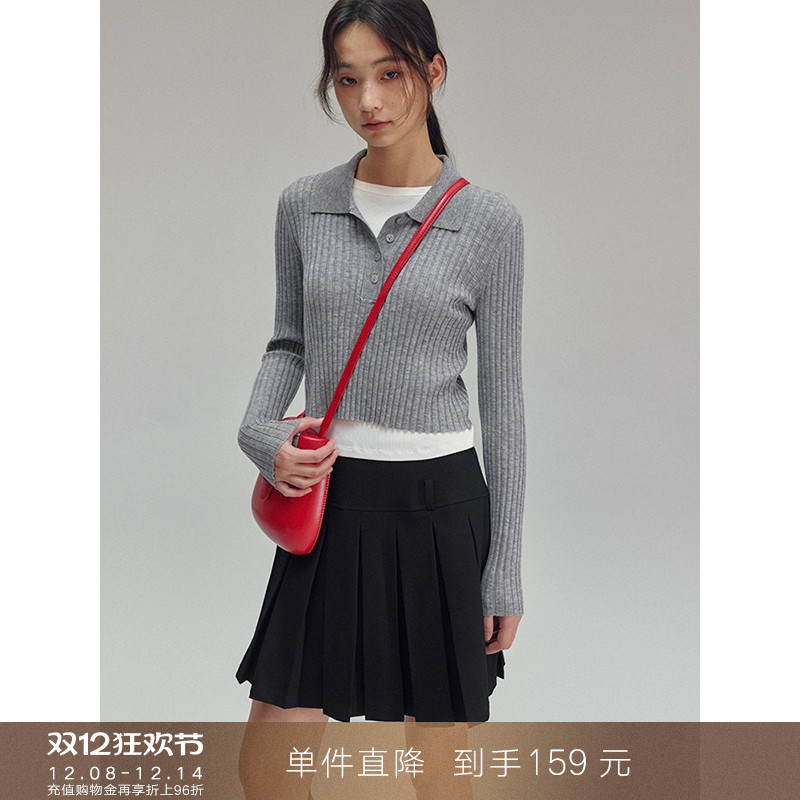 popchrio丝光羊毛复古polo领上衣