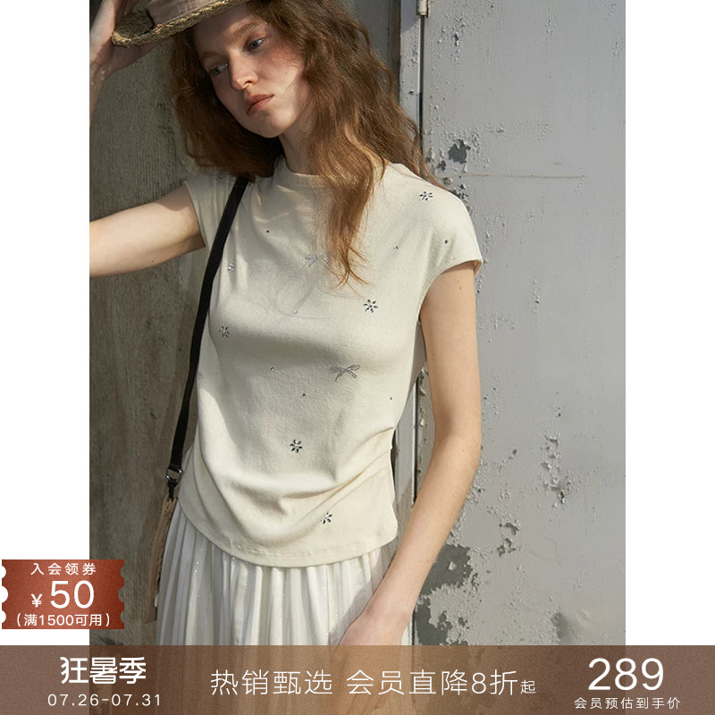 popchrio◆法式烫钻纯色小飞短袖含麻针织T恤衫显瘦修身搭上衣女
