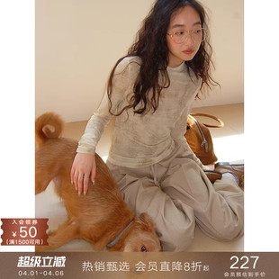 popchrio 半高领修身 外穿长袖 T恤女春 设计感小众印花网纱打底衫